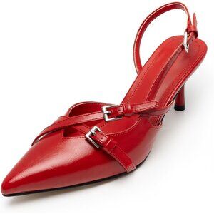 💫 Women Red Pointed Toe Slingback Heels Kitten Closed Toe Wedding Buckles Pumps
